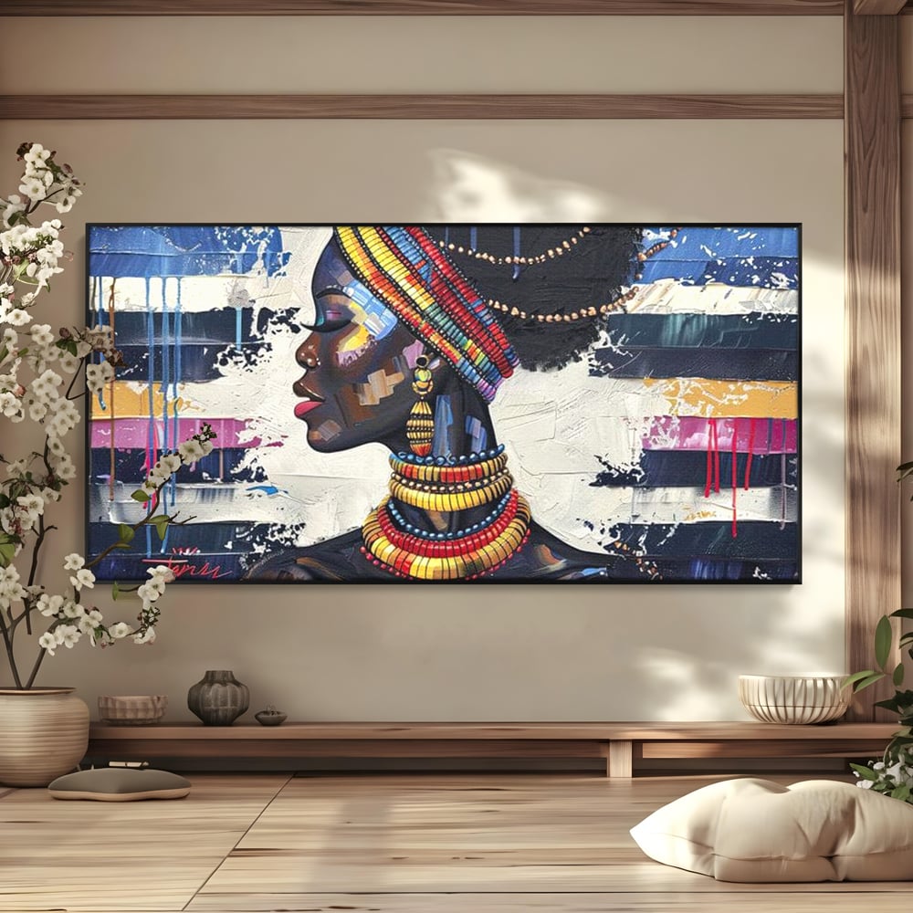 Tablou canvas cu tablou canvas cu regina africana, in rama de aluminiu negru